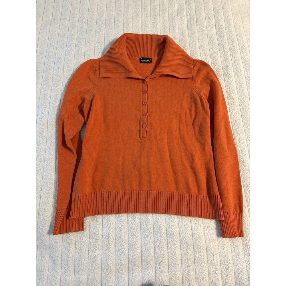 Rafaella Slouchy Collar Cropped Half Button Sweater Womens Large Bright Orange